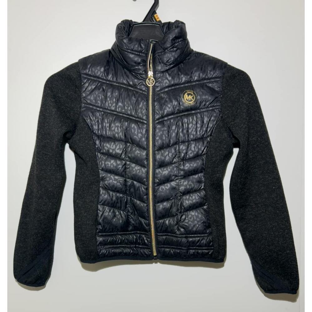 MICHAEL KORS Black Puffer Jacket Gold Zipper Logo Thumb Hole Girls 10/12